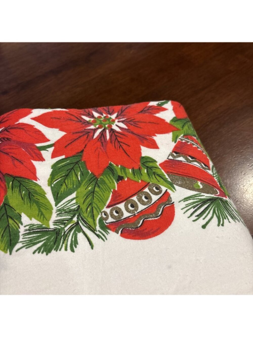 Vintage Christmas Poinsettia Ornament Bells Linen Tablecloth Rectangle 65” x 54" - Picture 4 of 6